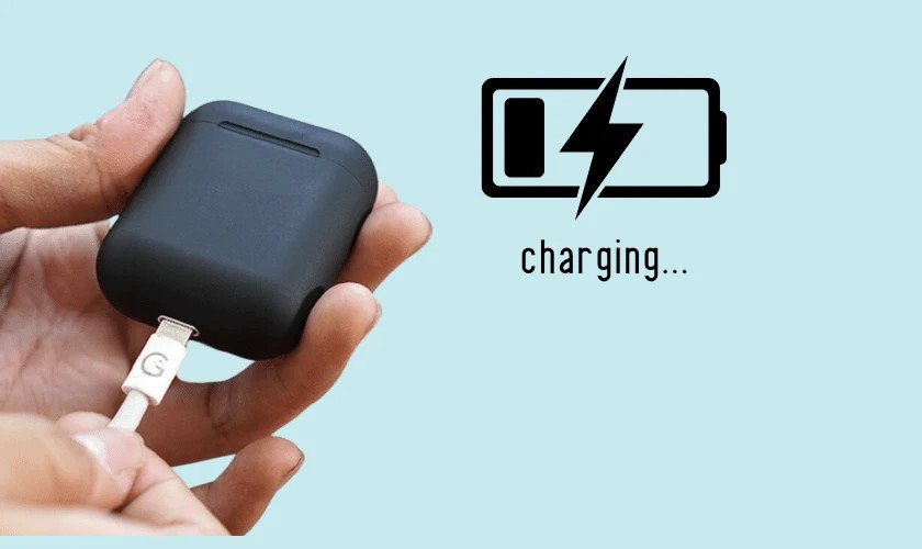 Tai nghe không dây được đặt trong hộp sạc, nhấn mạnh tầm quan trọng của việc kiểm tra pin khi tai nghe không kết nối.