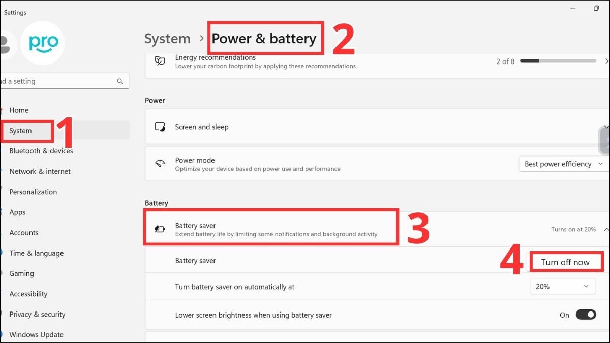 Tắt chế độ tiết kiệm pin trong cài đặt năng lượng của laptop để tránh ảnh hưởng đến Bluetooth