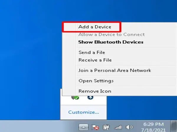 Thao tác chọn 'Add a Device' từ biểu tượng Bluetooth trên Windows 7