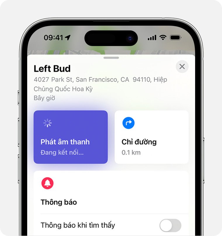 Thao tác phát âm thanh để tìm AirPods khi Bluetooth không tìm thấy