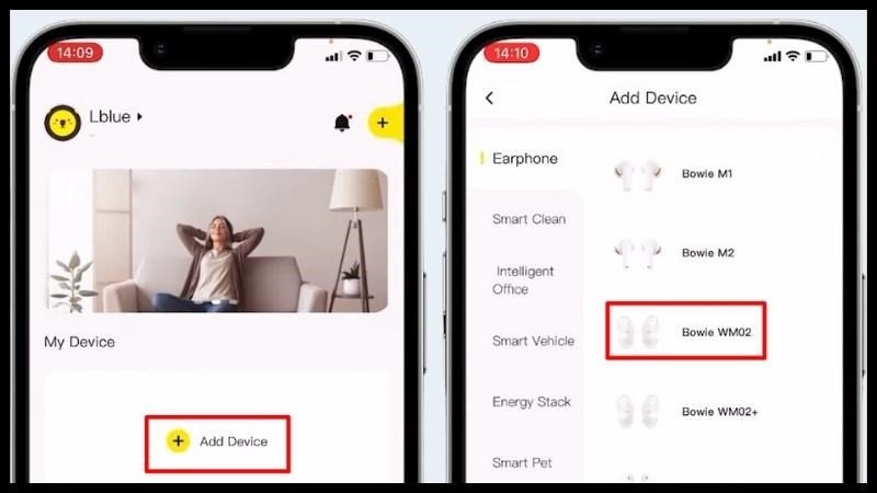 Thêm thiết bị mới trong ứng dụng Baseus và chọn mẫu tai nghe cần kết nối