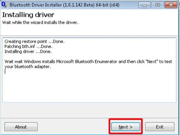 Thông báo hoàn tất việc cài đặt driver Bluetooth và nút Exit