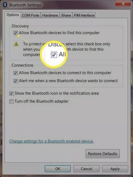 Tick chọn các tùy chọn kết nối Bluetooth trên Windows 7