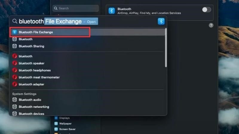 Tìm kiếm "Bluetooth File Exchange" để bắt đầu kết nối chuột bluetooth với macbook