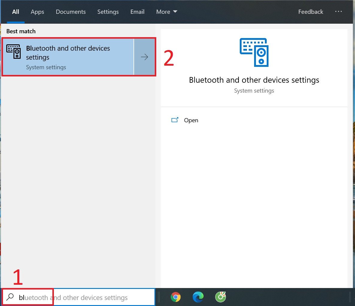 Tìm kiếm và chọn cài đặt Bluetooth trên laptop để bắt đầu ghép nối tai nghe