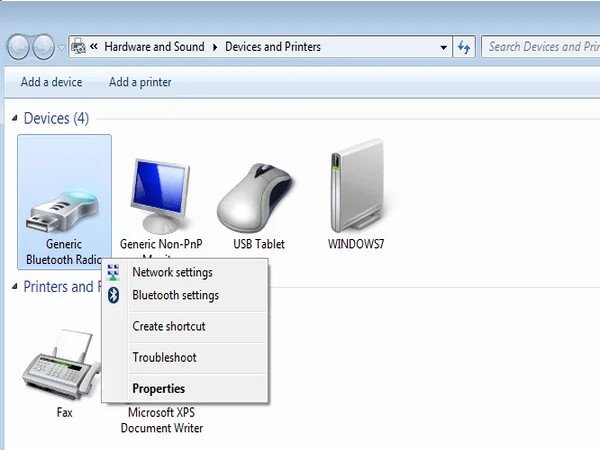 Tùy chọn Bluetooth settings trong Devices and Printers của Win 7