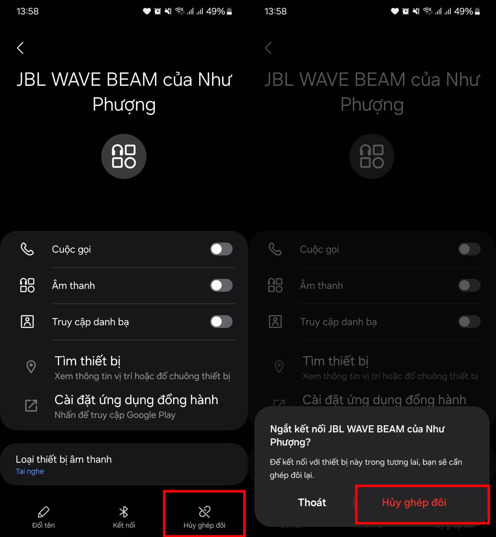Tùy chọn "Bỏ nối ghép" cho thiết bị Bluetooth đã kết nối