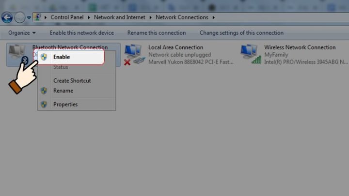 Tùy chọn Enable để khởi động Bluetooth trên máy tính Windows 7