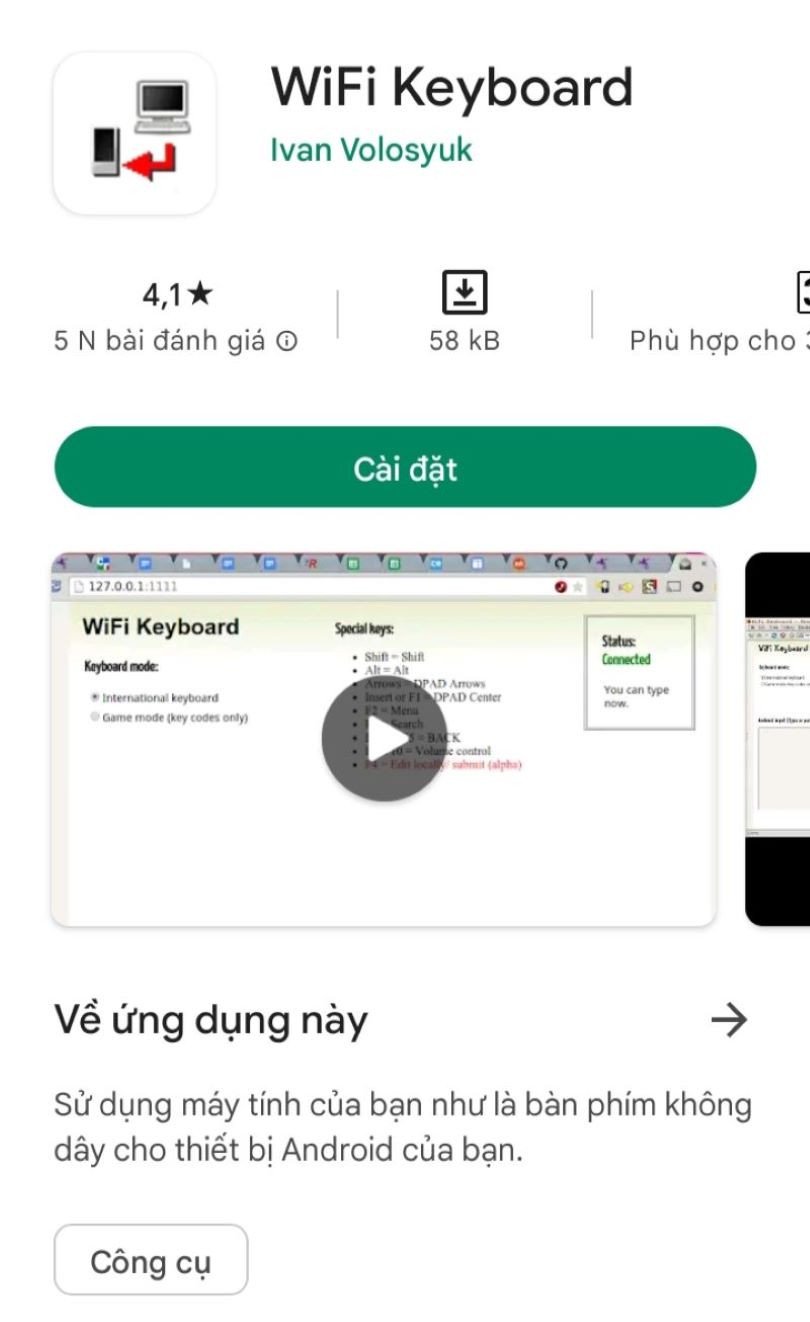 Ứng dụng bàn phím WiFi hiển thị địa chỉ IP để ghép nối với máy tính