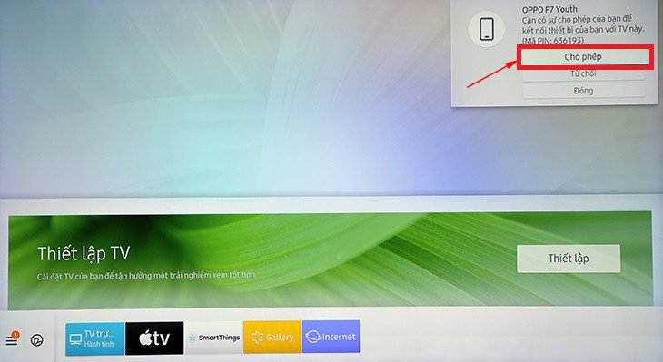 Xác nhận kết nối Bluetooth từ điện thoại trên màn hình tivi Samsung