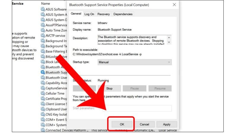 Xác nhận khởi động dịch vụ Bluetooth thành công trên Windows 10