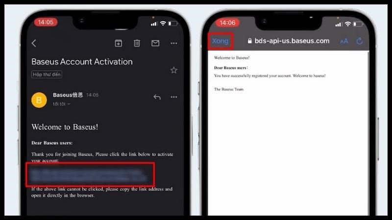 Xác nhận tài khoản Baseus qua đường link gửi về email