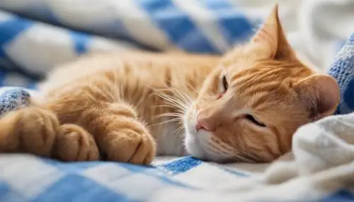 Một Chú Mèo Màu Cam Đáng Yêu Đang Ngủ Trưa Trên Chiếc Chăn Ca Rô Màu Xanh Trắng Ấm Cúng. Một Chú Mèo Màu Cam Đáng Yêu Đang Ngủ Trưa Trên Chiếc Chăn Ca Rô Màu Xanh Trắng Ấm Cúng.