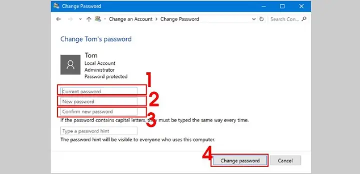 Thay Đổi Mật Khẩu Windows 10 Bằng Control Panel
