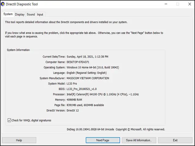 Cách 7: Kiểm Tra Cấu Hình Máy Tính Bằng Tính Năng Directx Diagnostic Tool