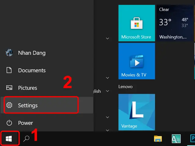 Bước 1: Nhấn Vàostart Windows> Chọnsettings. Bước 1: Nhấn Vàostart Windows> Chọnsettings.