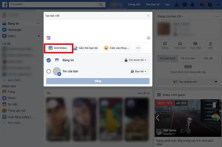 Chọn Mục Ảnh/ Video Để Up Video Lên Facebook