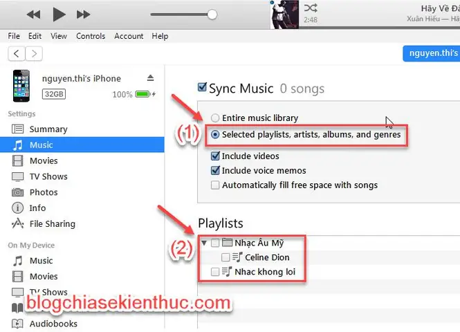 #2. Đồng Bộ Nhạc Bằng Itunes – Tùy Chọn Từng Playlist Bạn Yêu Thích