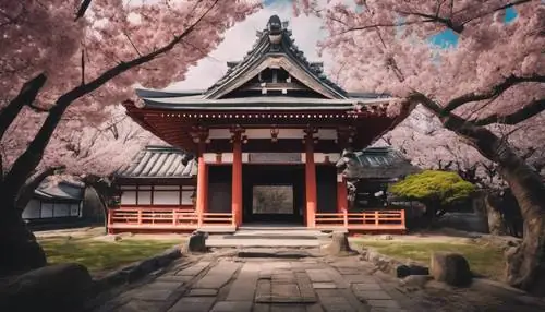 Ngôi Đền Cổ Nhật Bản Được Bao Quanh Bởi Những Cây Hoa Anh Đào Đen