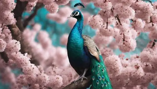 Một Con Công Màu Xanh Mòng Két Kiêu Hãnh Và Thanh Lịch Đứng Giữa Những Cây Hoa Anh Đào Trong Mùa Xuân.
