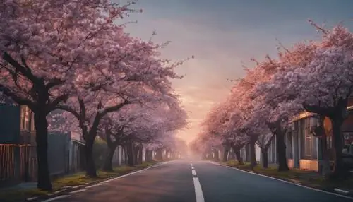 Những Cây Hoa Anh Đào Sẫm Màu Nở Rộ Trên Con Đường Vắng Vào Lúc Bình Minh.