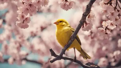 Một Tờ Giấy Da Cũ Có Hình Ảnh Một Chú Chim Hoàng Yến Màu Vàng Đậu Trên Cành Cây Hoa Anh Đào Đang Nở Rộ.