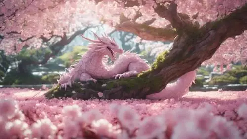Một Chú Rồng Anime Đang Ngủ Ngon Giấc Giữa Những Bộ Rễ Ngổn Ngang Của Cây Hoa Anh Đào Khổng Lồ. Một Chú Rồng Anime Đang Ngủ Ngon Giấc Giữa Những Bộ Rễ Ngổn Ngang Của Cây Hoa Anh Đào Khổng Lồ.
