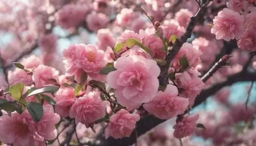 Một Cây Hoa Trà Đang Phát Triển Mạnh Mẽ Giữa Những Bông Hoa Anh Đào Vào Đầu Mùa Xuân. Một Cây Hoa Trà Đang Phát Triển Mạnh Mẽ Giữa Những Bông Hoa Anh Đào Vào Đầu Mùa Xuân.
