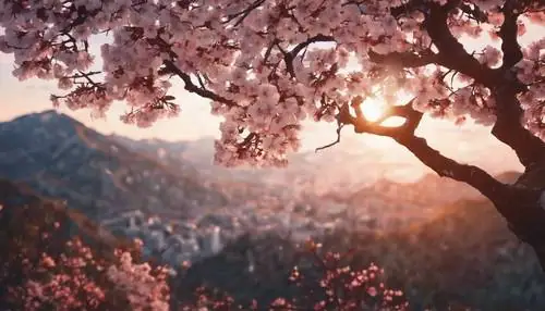 Cây Hoa Anh Đào Sẫm Màu Lẻ Loi Trên Đỉnh Núi, Phía Sau Là Ánh Bình Minh. Cây Hoa Anh Đào Sẫm Màu Lẻ Loi Trên Đỉnh Núi, Phía Sau Là Ánh Bình Minh.