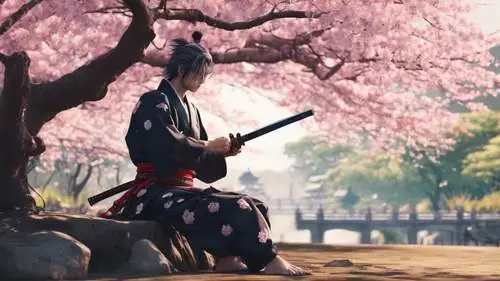 Một Samurai Anime Ngồi Lặng Lẽ Dưới Gốc Cây Hoa Anh Đào, Mài Thanh Kiếm Của Mình. Một Samurai Anime Ngồi Lặng Lẽ Dưới Gốc Cây Hoa Anh Đào, Mài Thanh Kiếm Của Mình.