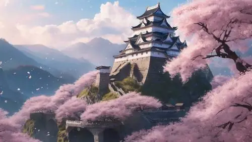 Một Lâu Đài Anime Kỳ Ảo Tọa Lạc Uy Nghiêm Giữa Những Thác Hoa Anh Đào. Một Lâu Đài Anime Kỳ Ảo Tọa Lạc Uy Nghiêm Giữa Những Thác Hoa Anh Đào.
