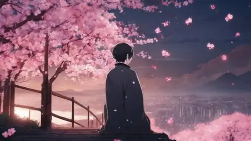Một Ma Cà Rồng Anime Đăm Chiêu Ngắm Nhìn Những Bông Hoa Anh Đào Rơi Dưới Ánh Trăng. Một Ma Cà Rồng Anime Đăm Chiêu Ngắm Nhìn Những Bông Hoa Anh Đào Rơi Dưới Ánh Trăng.
