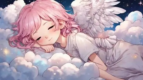 Một Cô Gái Anime Theo Phong Cách Chibi Với Mái Tóc Hồng Nhạt Và Đôi Cánh Thiên Thần, Đang Ngủ Yên Bình Trên Đám Mây Mịn Màng Dưới Bầu Trời Đêm Đầy Sao.
