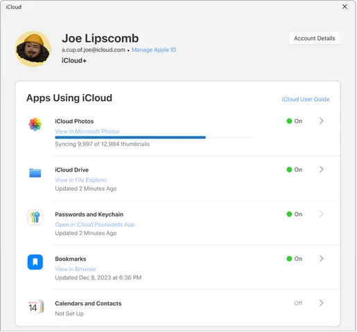 Icloud Cho Windows Hiển Thị Hộp Kiểm Bên Cạnh Các Tính Năng Của Icloud.