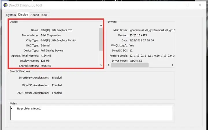 Dùng Lệnh Dxdiag (directx Diagnostic Tool)