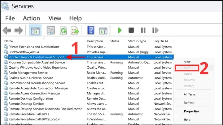Tắt Problem Reports Control Panel Support Và Windows Error Reporting Service
