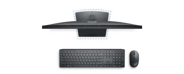 Picture Of A Dell E2723h Monitor With A Dell Keyboard And Mouse Seen From Above.