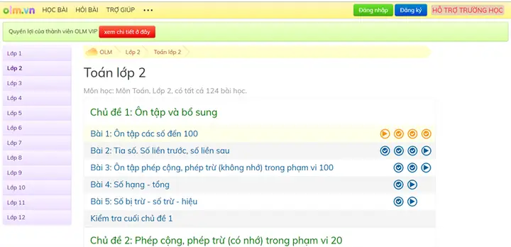Olm.vn - Học Toán Lớp 2 Trên Mạng Miễn Phí
