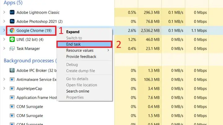 Sử Dụng Công Cụ Task Manager Để Tắt Ứng Dụng Bị Lỗi