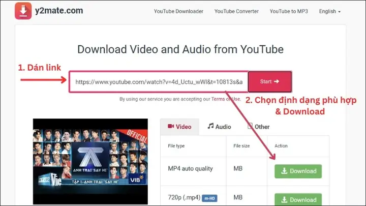 Dùng Bằng Y2 (y2mate.com)