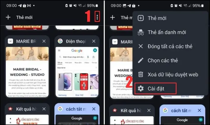 Bước 1: Mở Trình Duyệt Chrome, Chọn Dấu Ba Chấm Dọc ⋮, Vào Cài Đặt