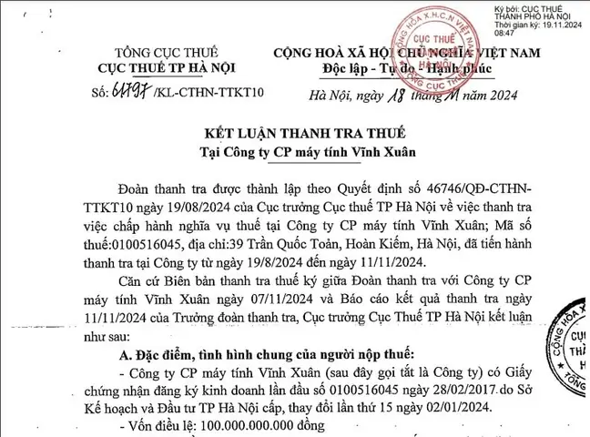 Cục Thuế Tp. Hà Nội Vừa Ban Hành Kết Luận Thanh Tra Thuế Tại Công Ty Cổ Phần Máy Tính Vĩnh Xuân, Trong Đó Chỉ Ra Nhiều Vi Phạm Của Doanh Nghiệp Này Trong Lĩnh Vực Thuế.