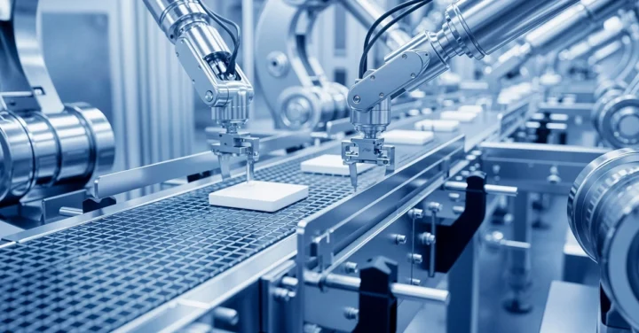 Robot đang thực hiện công việc lắp ráp trong nhà máy công nghiệp hiện đại